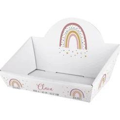 Kleiner Geschenkkorb mit Regenbogenmotiv zur Geburt in rosa oder blau - wahlweise gefüllt