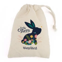 Kleiner Geschenksack mit Osterhase, Blüten und Wunschtext, 14 x 20 cm