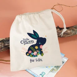 Kleiner Geschenksack mit Osterhase, Blüten und Wunschtext, 14 x 20 cm