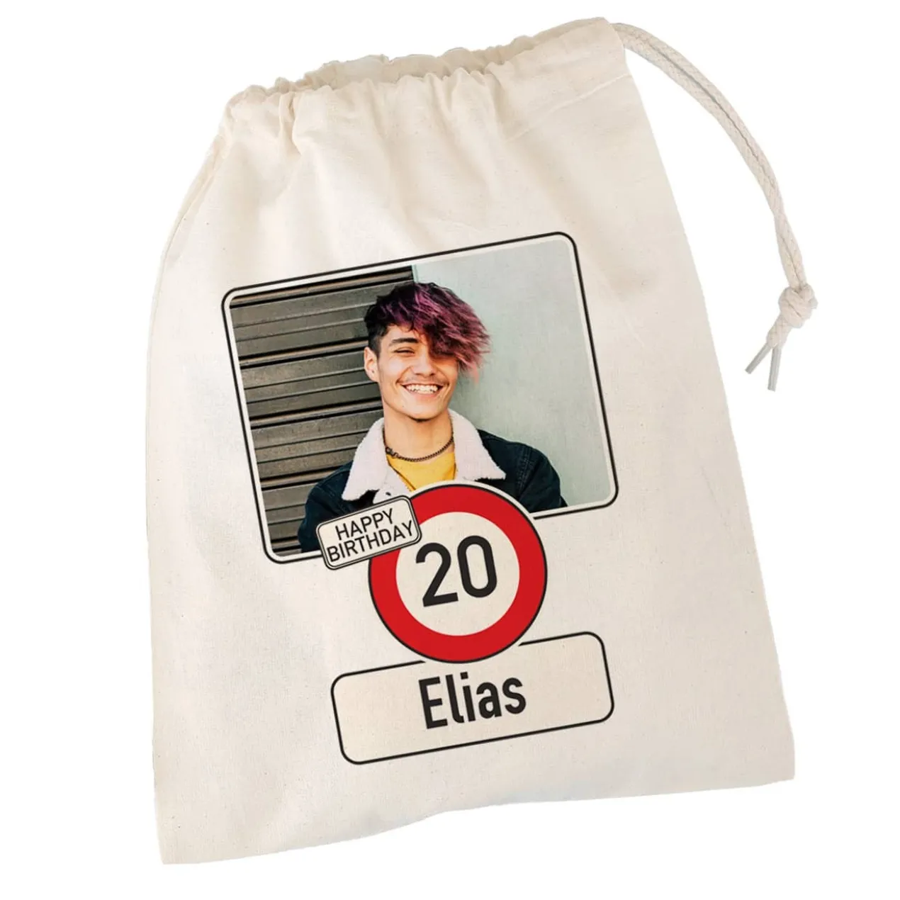Kleiner Geschenksack zum Geburtstag mit Verkehrszeichen, Foto, Alter & Name