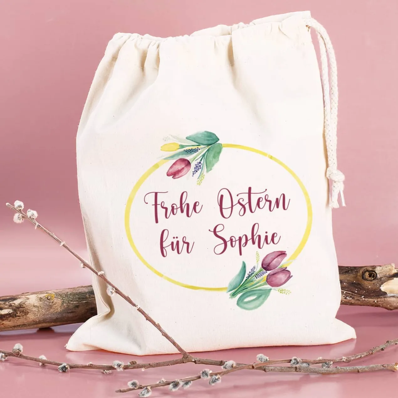 Kleiner Geschenksack zu Ostern mit Wunschtext, 14 x 20 cm