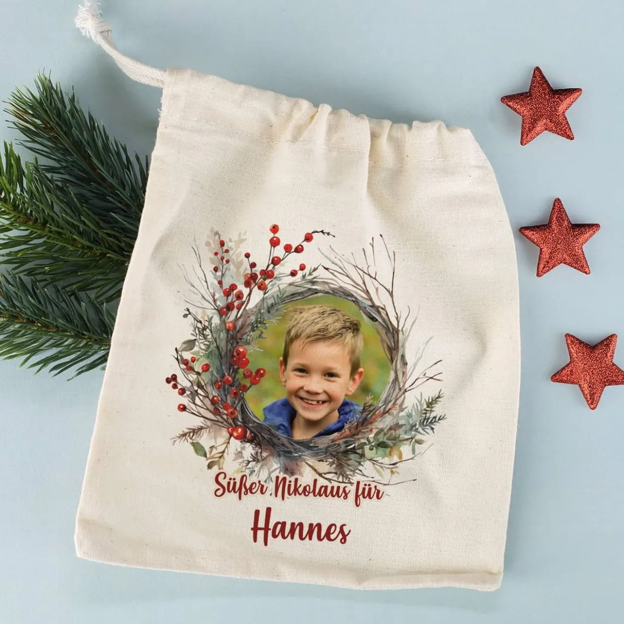 Kleiner Geschenksack zu Weihnachten mit Foto, Wunschtext & Name