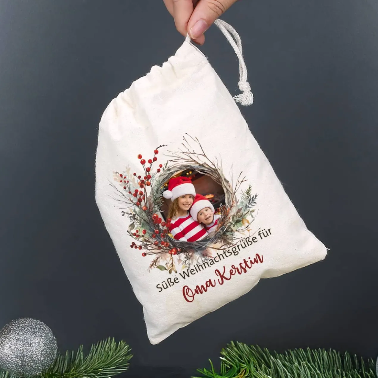 Kleiner Geschenksack zu Weihnachten mit Foto, Wunschtext & Name
