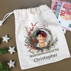 Kleiner Geschenksack zu Weihnachten mit Foto, Wunschtext & Name