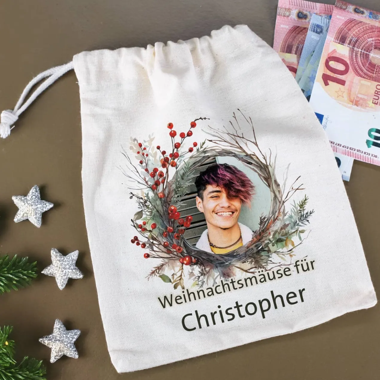 Kleiner Geschenksack zu Weihnachten mit Foto, Wunschtext & Name