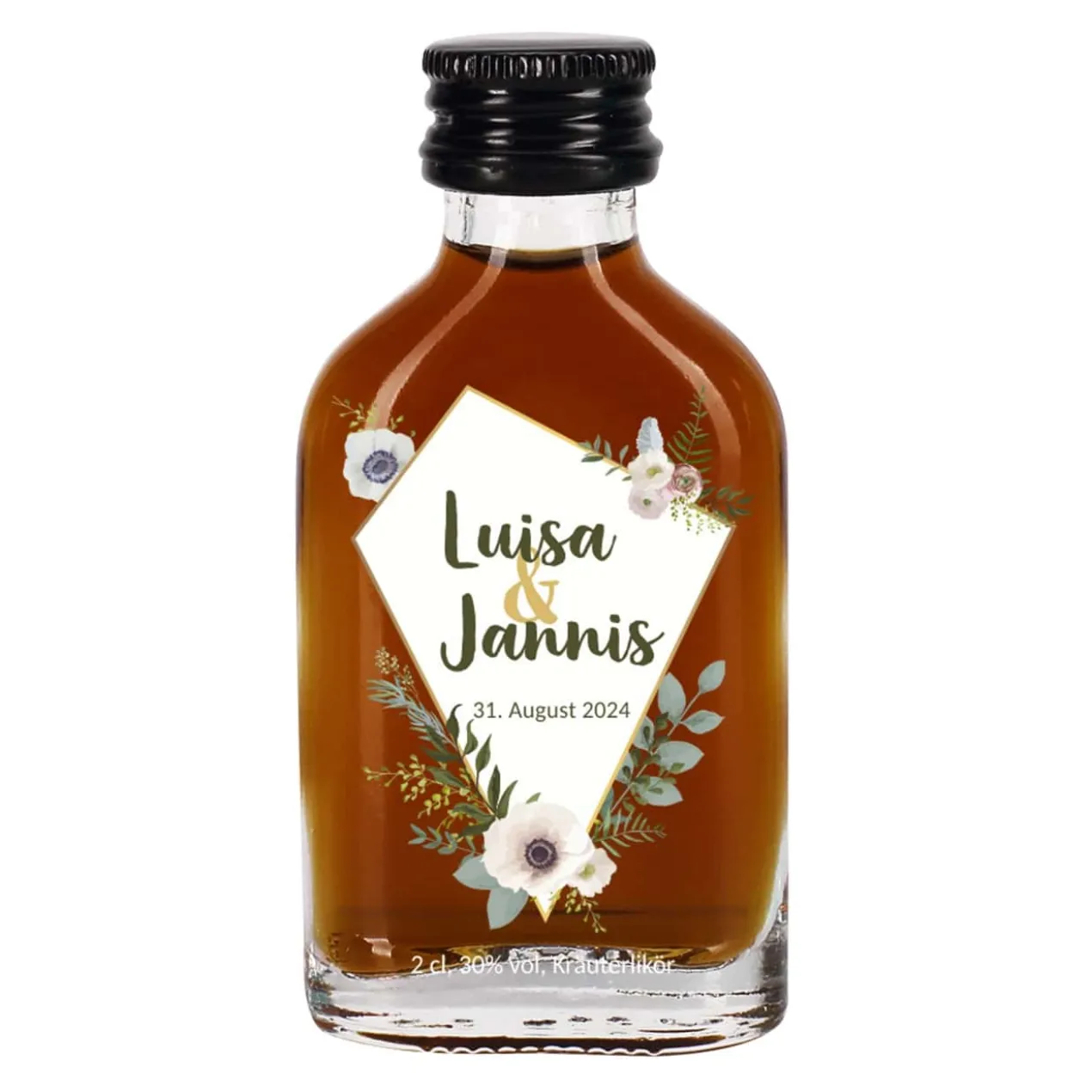 Kleiner Schnaps zum Polterabend oder zur Hochzeit mit Namen und Datum bedruckt