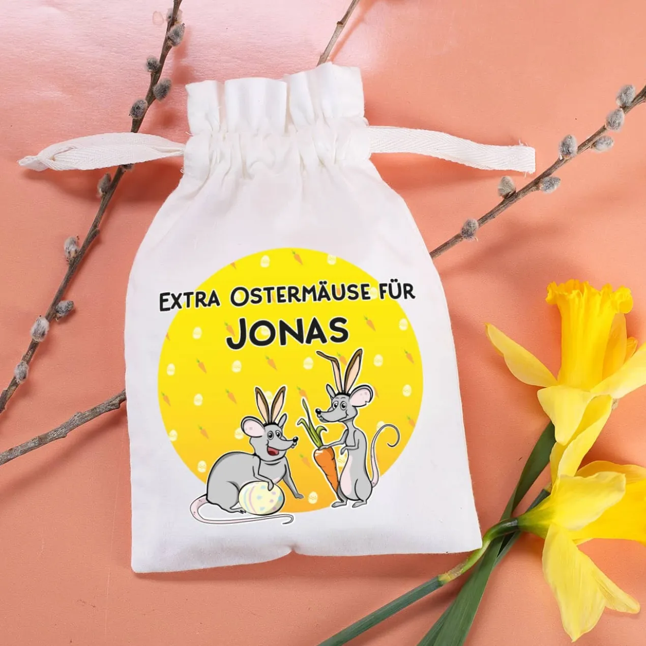 Kleiner Stoffsack "Extra Ostermäuse" mit Ihrem Wunschnamen bedruckt