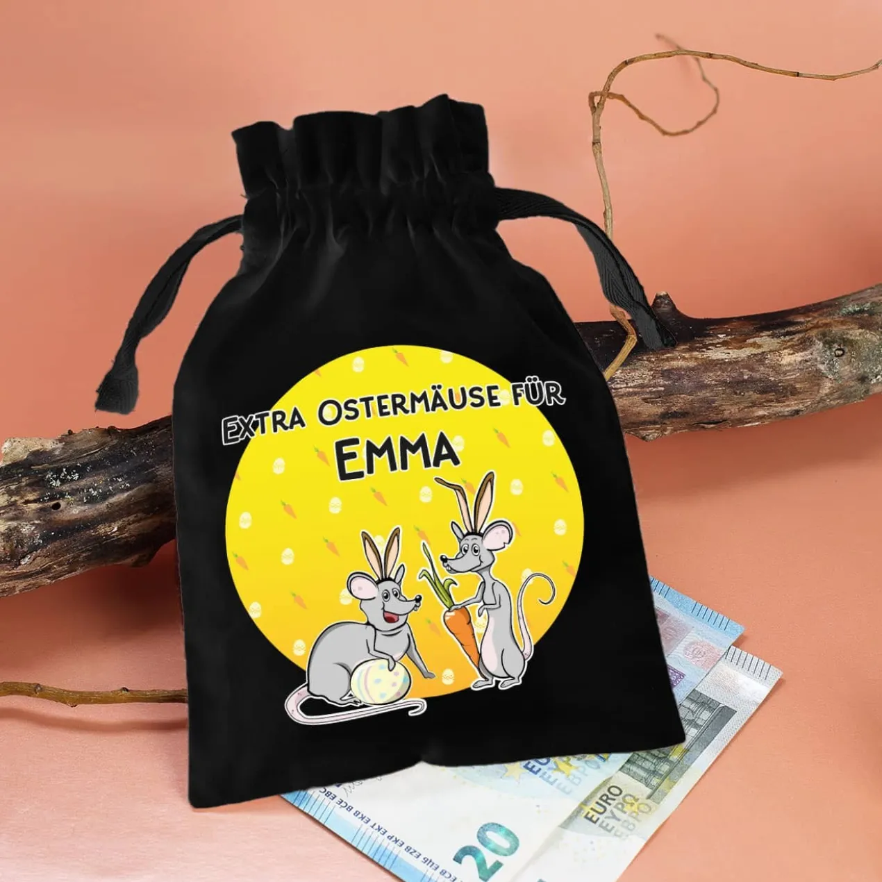 Kleiner Stoffsack "Extra Ostermäuse" mit Ihrem Wunschnamen bedruckt