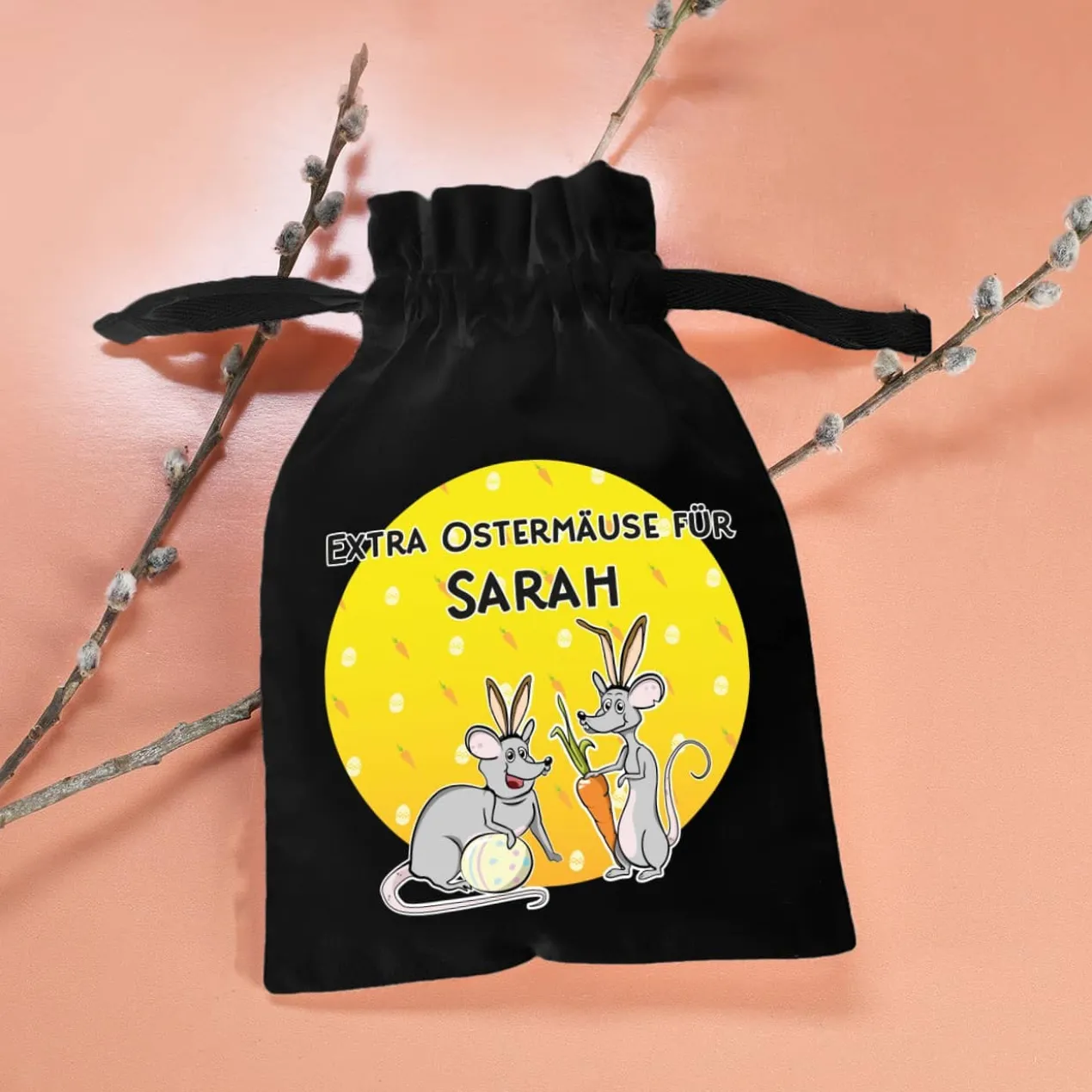 Kleiner Stoffsack "Extra Ostermäuse" mit Ihrem Wunschnamen bedruckt