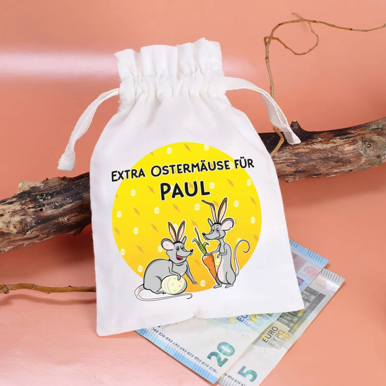 Kleiner Stoffsack "Extra Ostermäuse" mit Ihrem Wunschnamen bedruckt