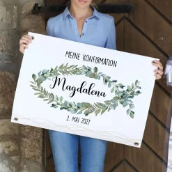 Kleines Banner zur Taufe, Kommunion oder Konfirmation | Eukalyptus-Fischmotiv | Personalisierbar