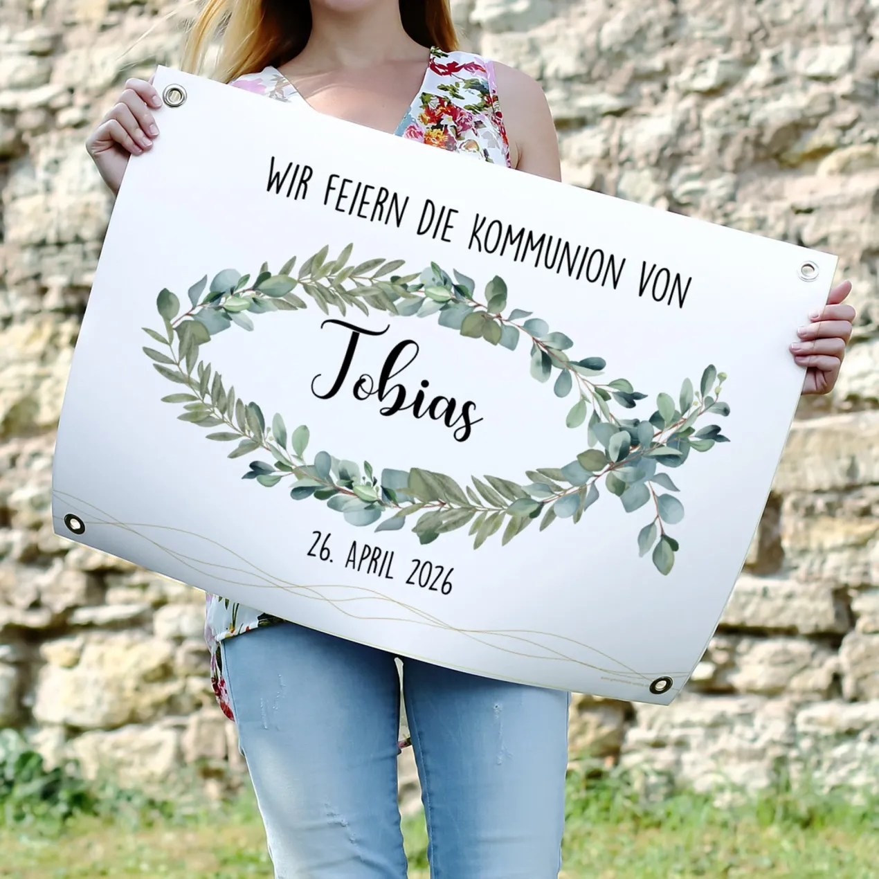 Kleines Banner zur Taufe, Kommunion oder Konfirmation | Eukalyptus-Fischmotiv | Personalisierbar