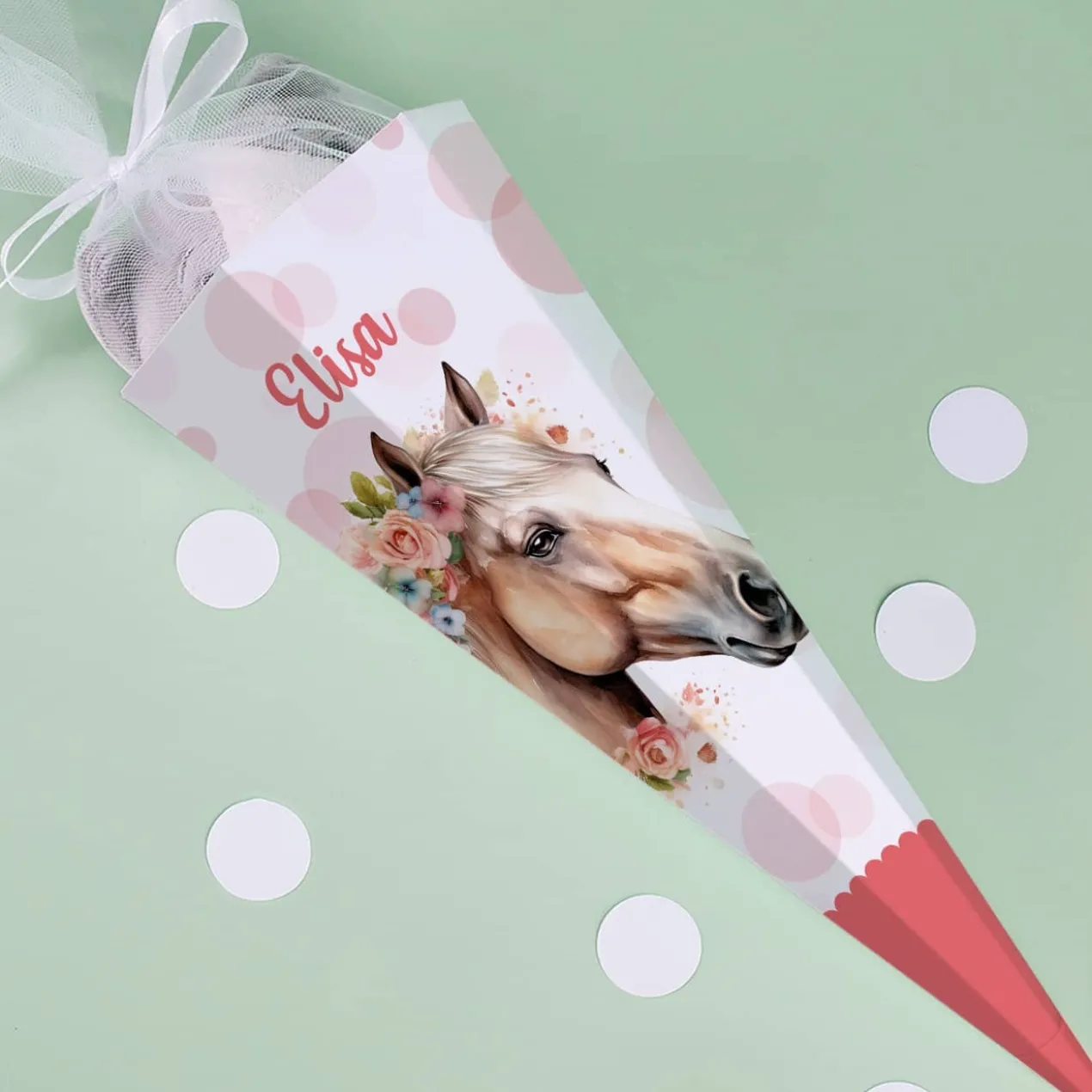 Kleine Schultüte mit Pferd, Blumen, Punkten und Name, 28 cm