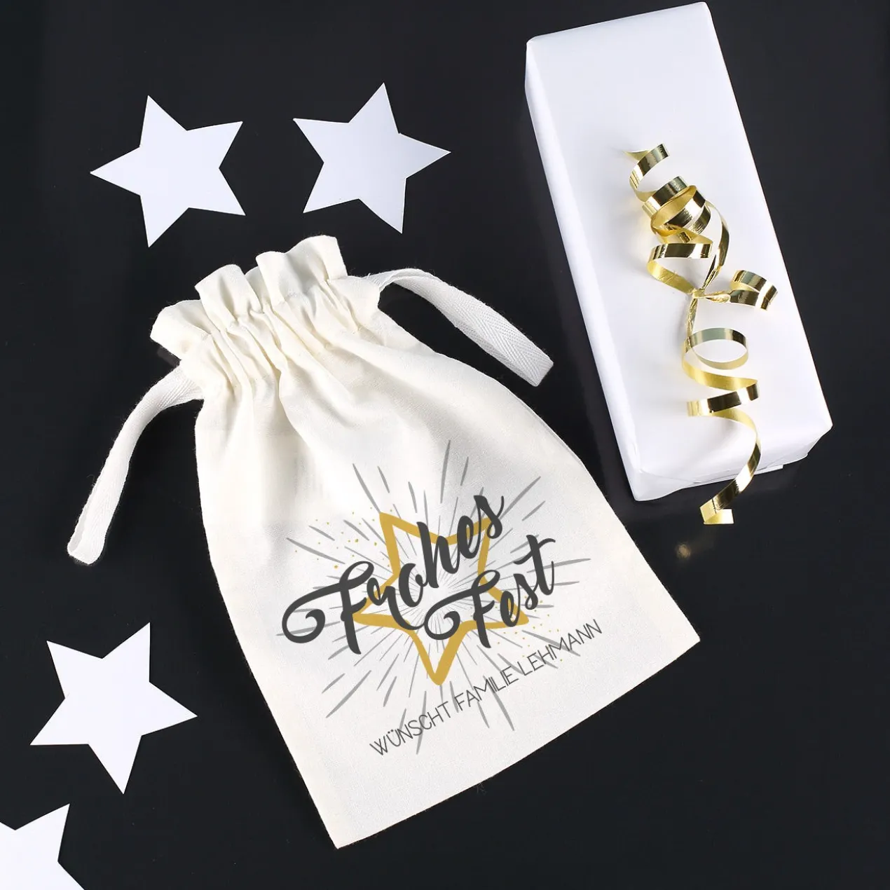 Kleines Geschenksäckchen "Frohes Fest" mit Ihrem Wunschtext