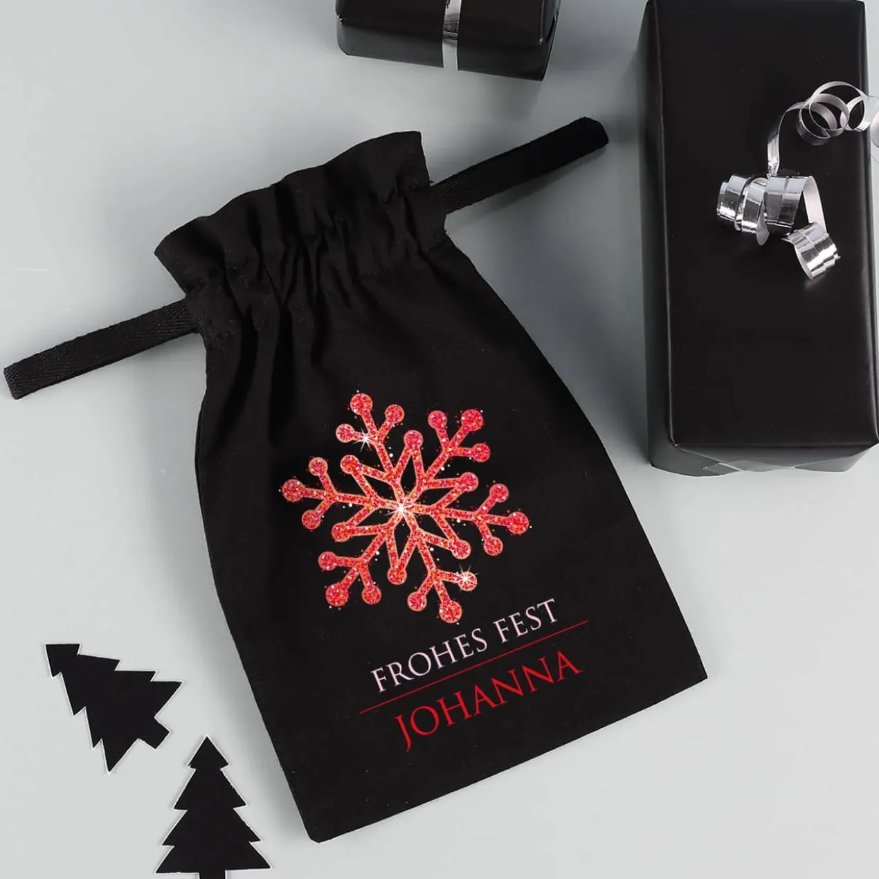 Kleines Geschenksäckchen mit Schneekristall, Wunschtext und Name, 21 x 14 cm