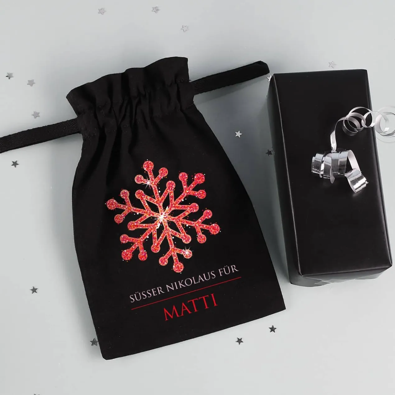 Kleines Geschenksäckchen mit Schneekristall, Wunschtext und Name, 21 x 14 cm