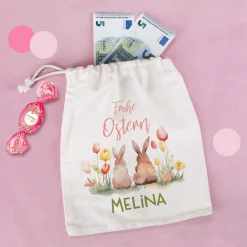 Kleines Ostersäckchen mit Hasen, Blumen und Name, 14x20 cm