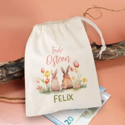 Kleines Ostersäckchen mit Hasen, Blumen und Name, 14x20 cm