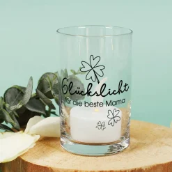 Kleines Windlicht aus Glas - Glückslicht - mit Ihrem Wunschtext