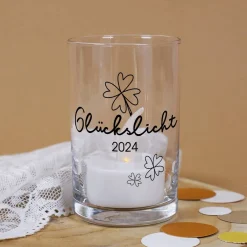 Kleines Windlicht aus Glas - Glückslicht - mit Ihrem Wunschtext