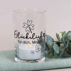 Kleines Windlicht aus Glas - Glückslicht - mit Ihrem Wunschtext