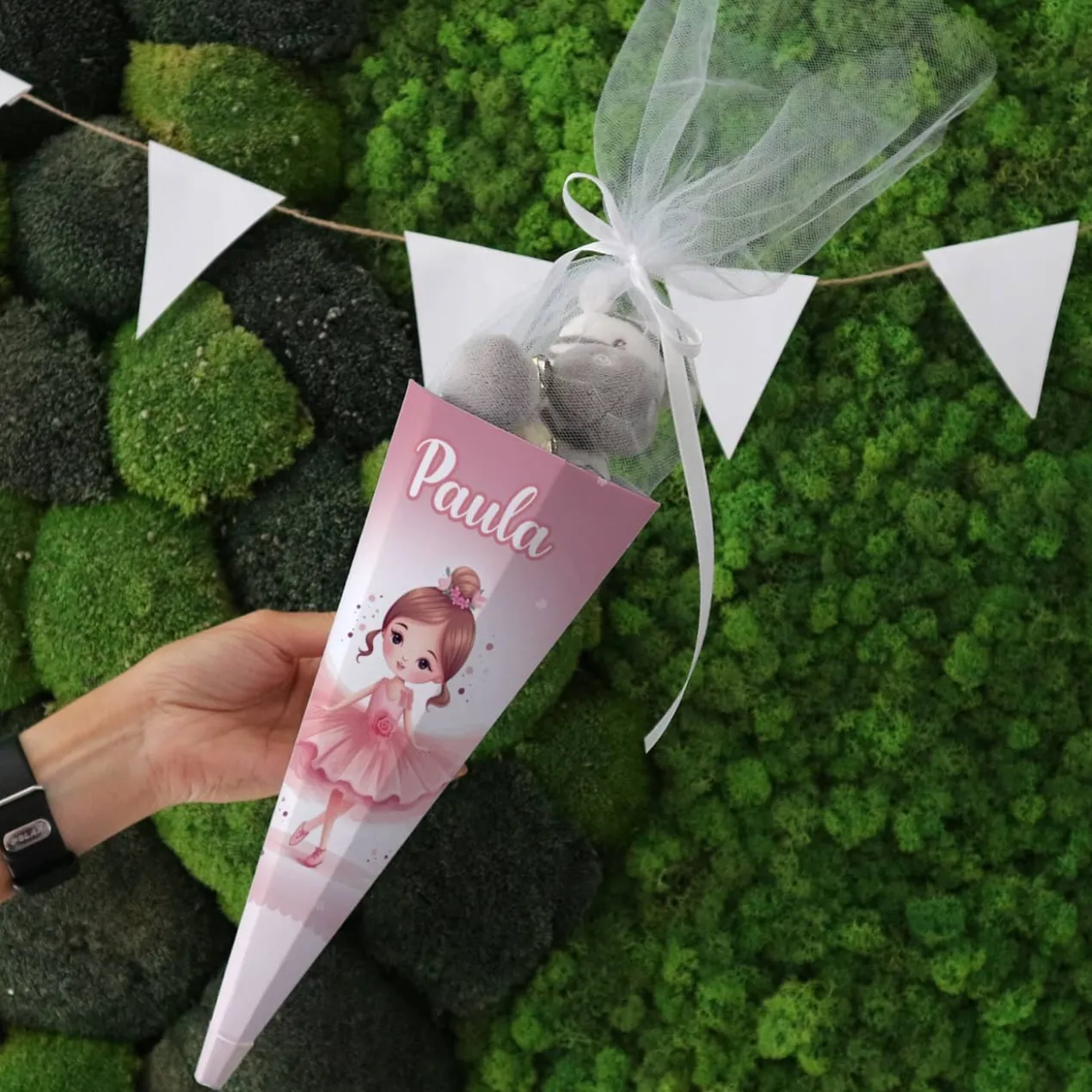 Kleine Zuckertüte mit bezaubernder Ballerina und Name, 28 cm