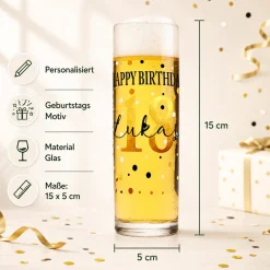 Kölsch Glas 'Happy Birthday' personalisiert mit Name & Alter | Bier Stange als Geschenk zum Geburtstag