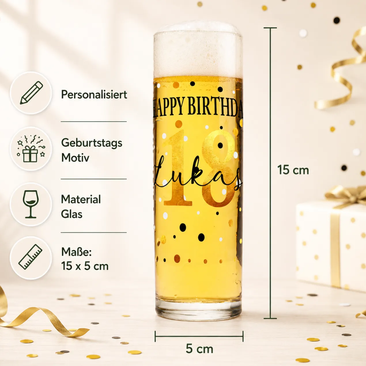 Kölsch Glas 'Happy Birthday' personalisiert mit Name & Alter | Bier Stange als Geschenk zum Geburtstag