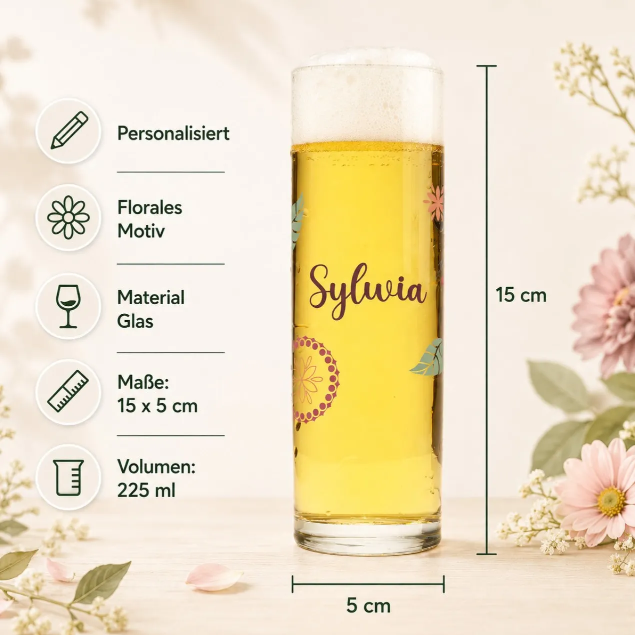 Kölsch Glas personalisiert mit Name & Blumen Motiv | Kölschstange als Geschenk für Bier Freunde