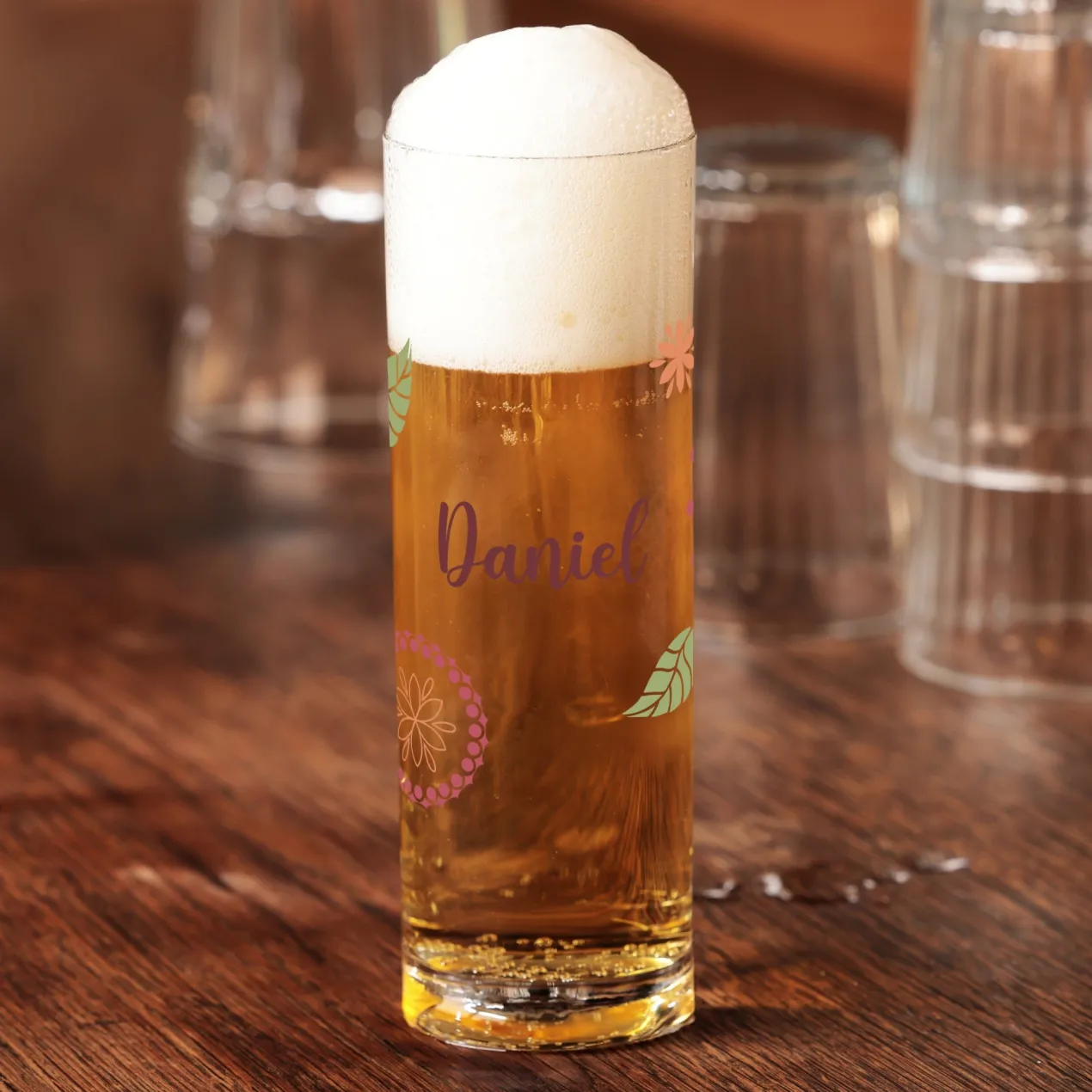 Kölsch Glas personalisiert mit Name & Blumen Motiv | Kölschstange als Geschenk für Bier Freunde