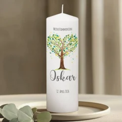 Kommunionkerze Lebensbaum grün-türkis mit Name, Datum & Wunschtext