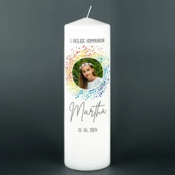 Kommunionkerze mit Foto im Regenbogen-Kreis, Name, Datum & Wunschtext