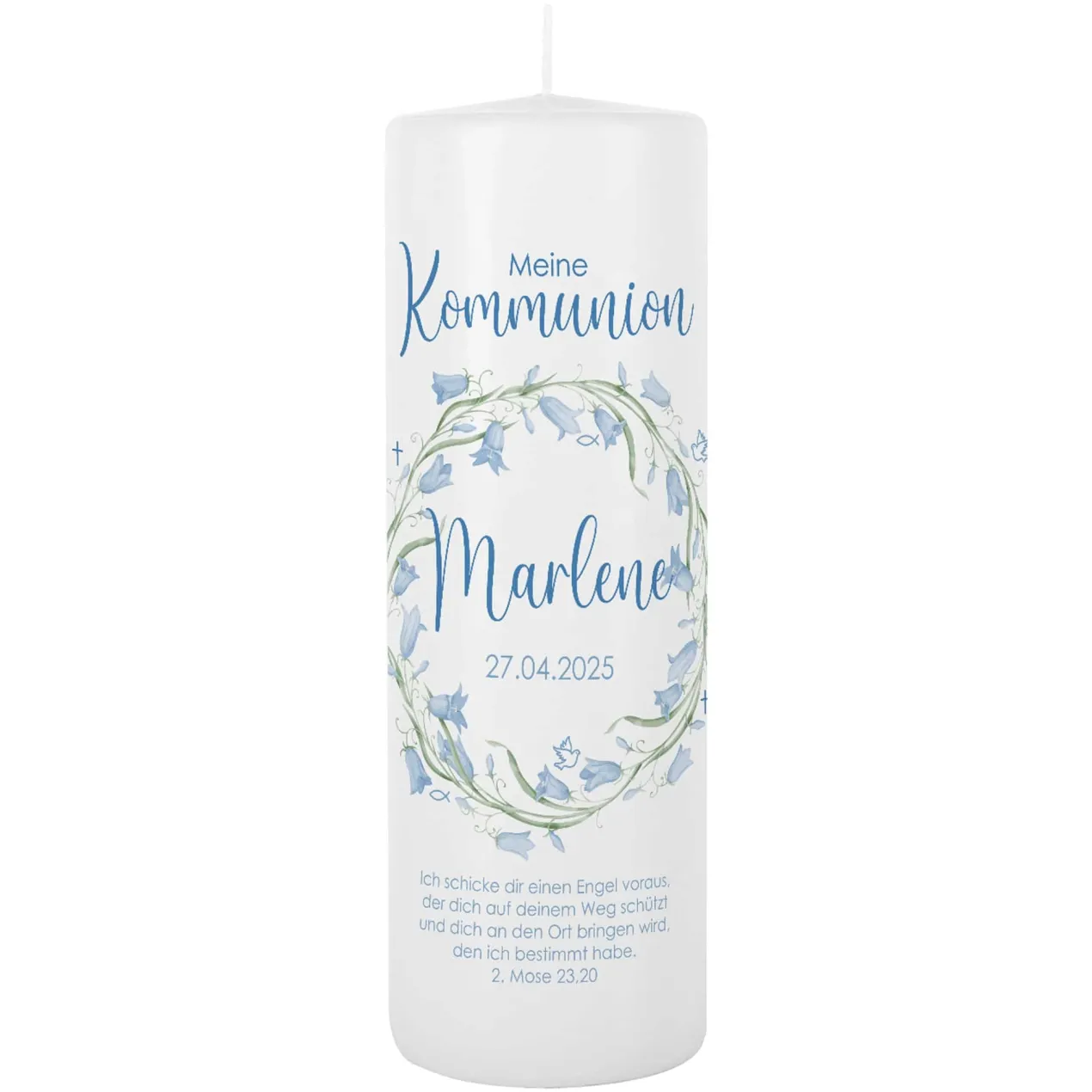 Kommunionkerze mit hellblauem Blumenkranz und christlichen Symbolen