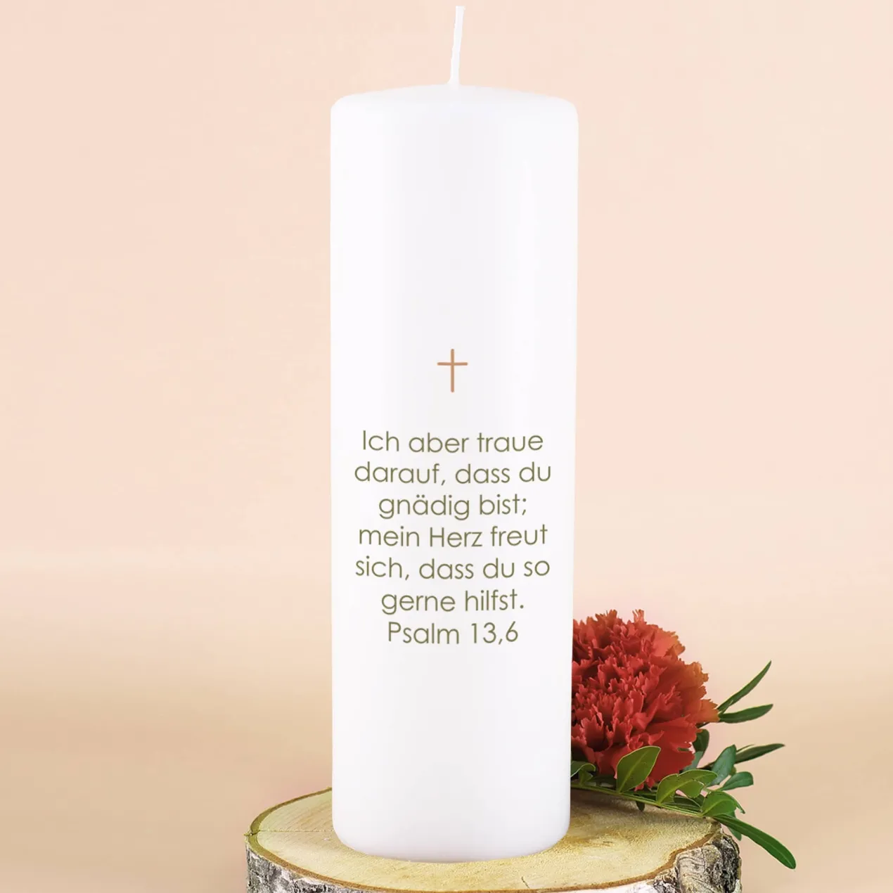 Kommunionkerze mit Kreuz und Blumenmotiv bedruckt