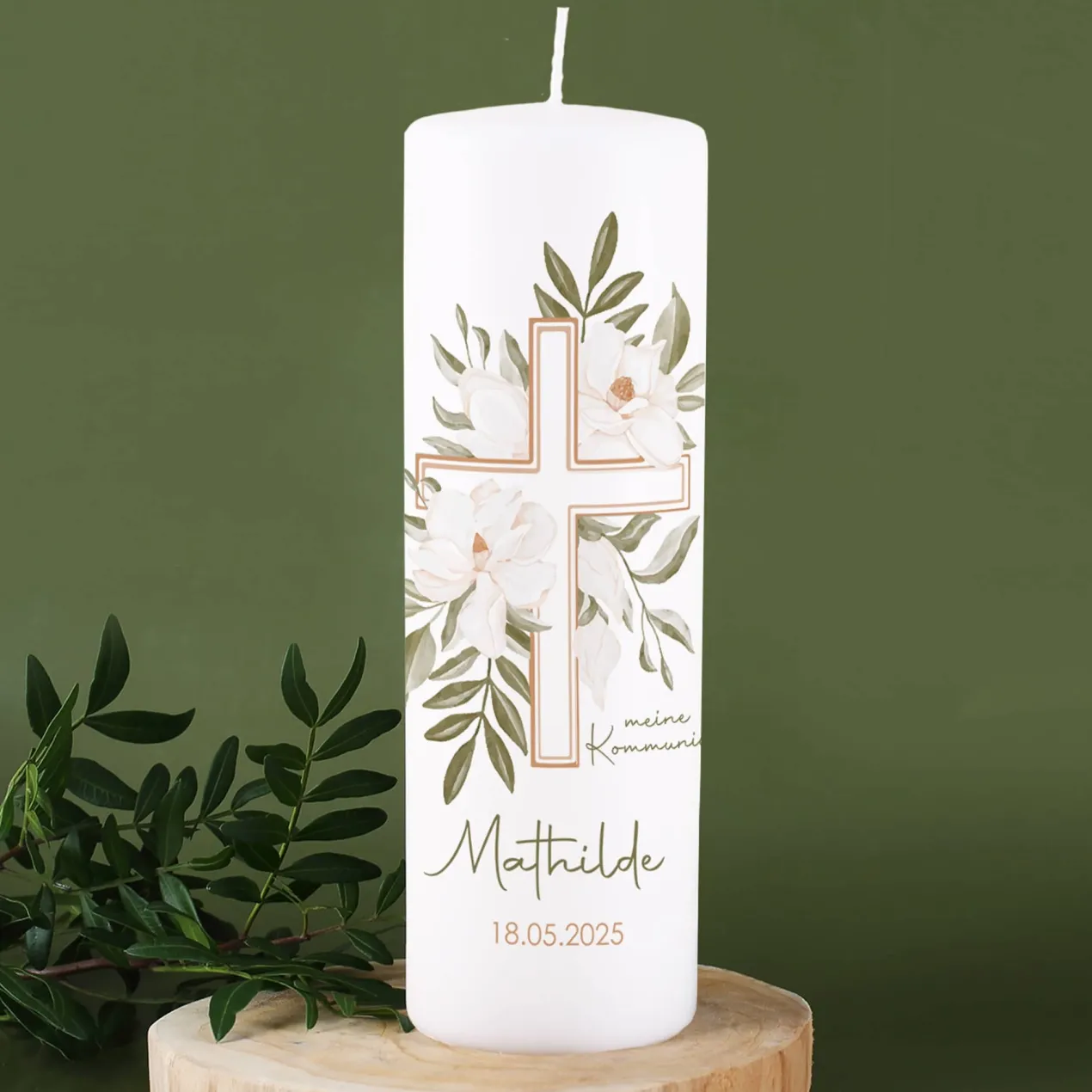 Kommunionkerze mit Kreuz und Blumenmotiv bedruckt