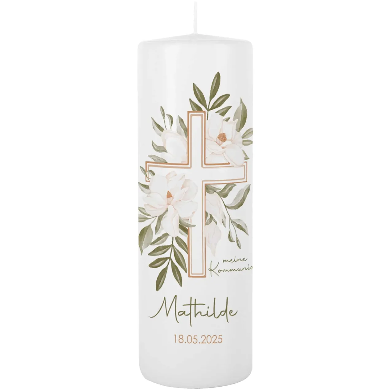 Kommunionkerze mit Kreuz und Blumenmotiv bedruckt