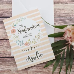 Konfirmationskarte mit Blumenkranz, Name und Datum