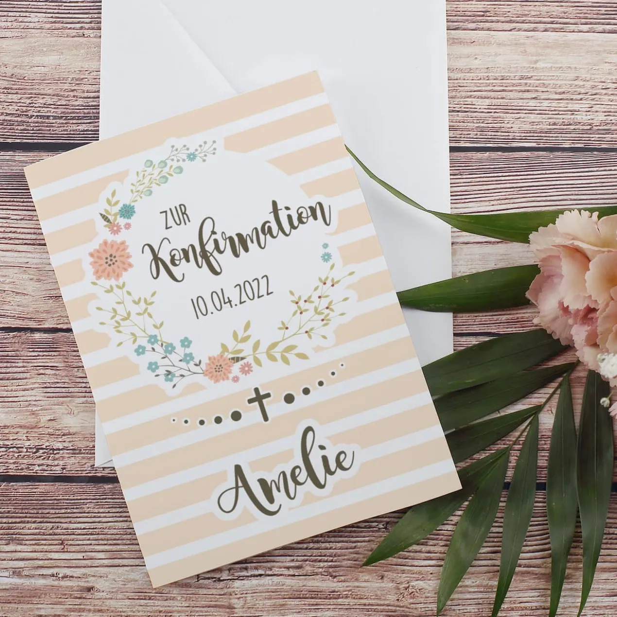 Konfirmationskarte mit Blumenkranz, Name und Datum