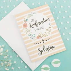 Konfirmationskarte mit Blumenkranz, Name und Datum