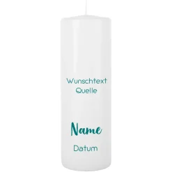 Konfirmationskerze - mit Name, Datum und Wunschtext in türkisblau