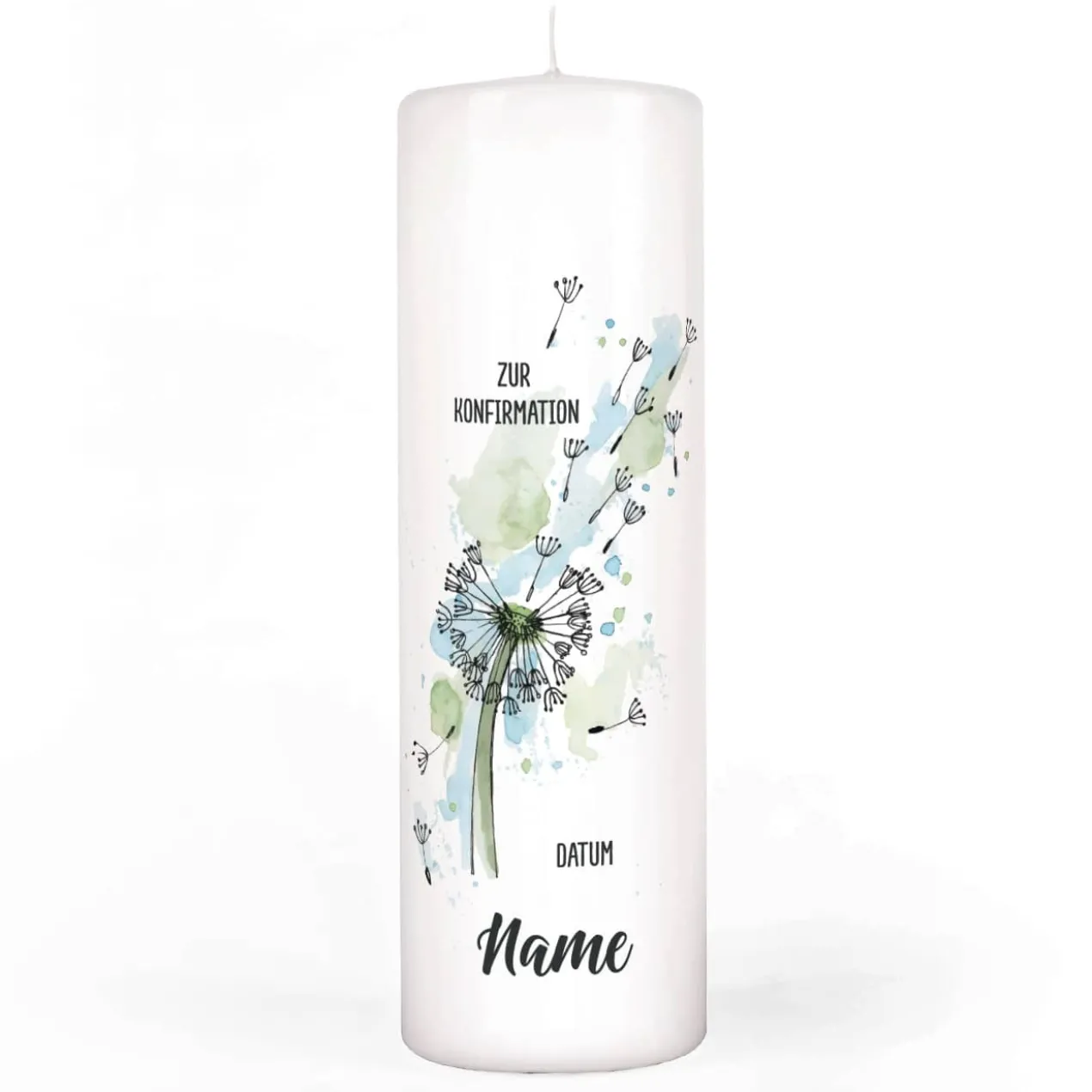 Konfirmationskerze Pusteblume mit Name, Datum und Segensspruch