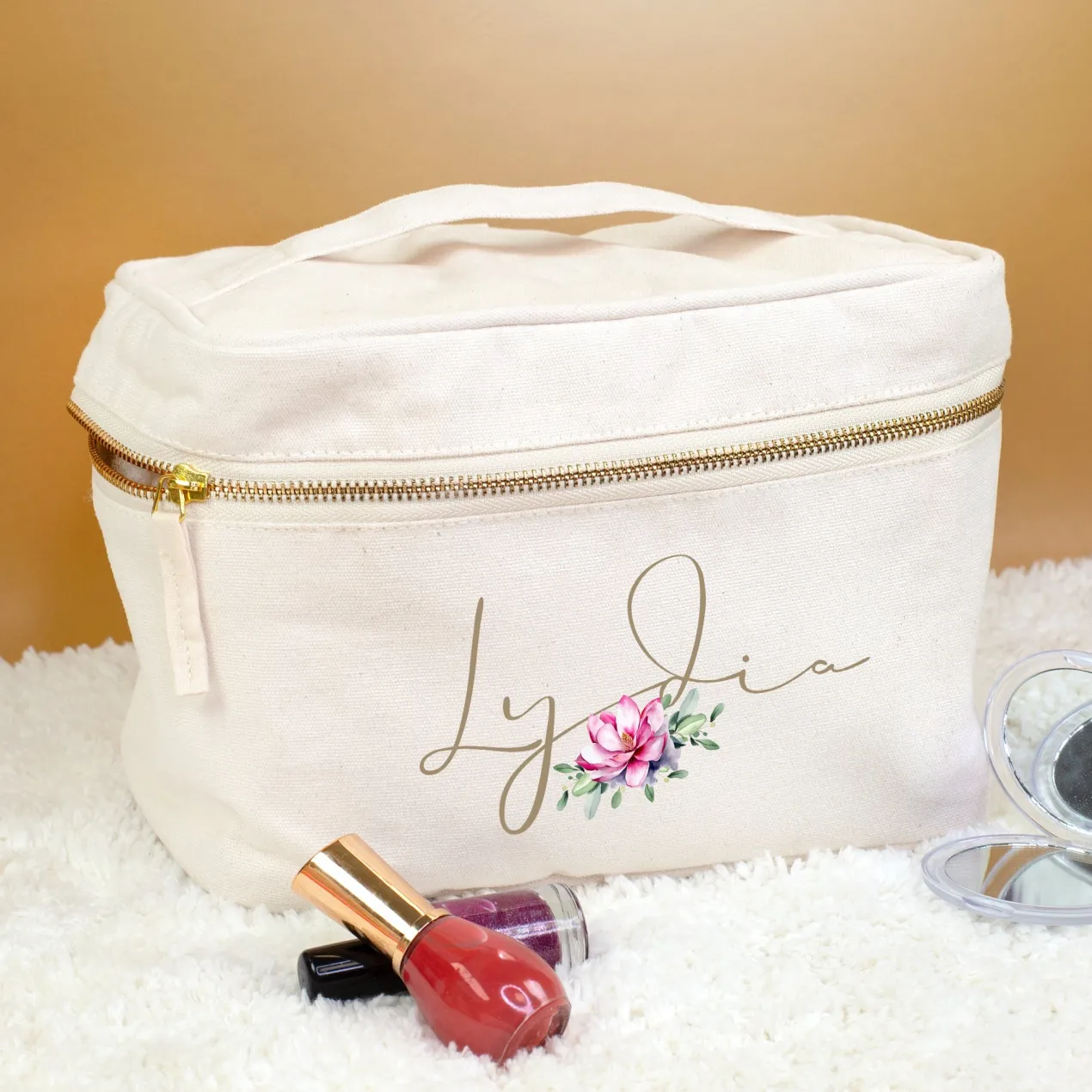 Kosmetiktasche personalisiert mit Name & Seerose | Kulturbeutel aus Baumwolle Geschenkidee