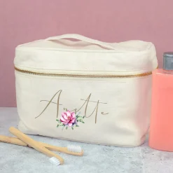 Kosmetiktasche personalisiert mit Name & Seerose | Kulturbeutel aus Baumwolle Geschenkidee