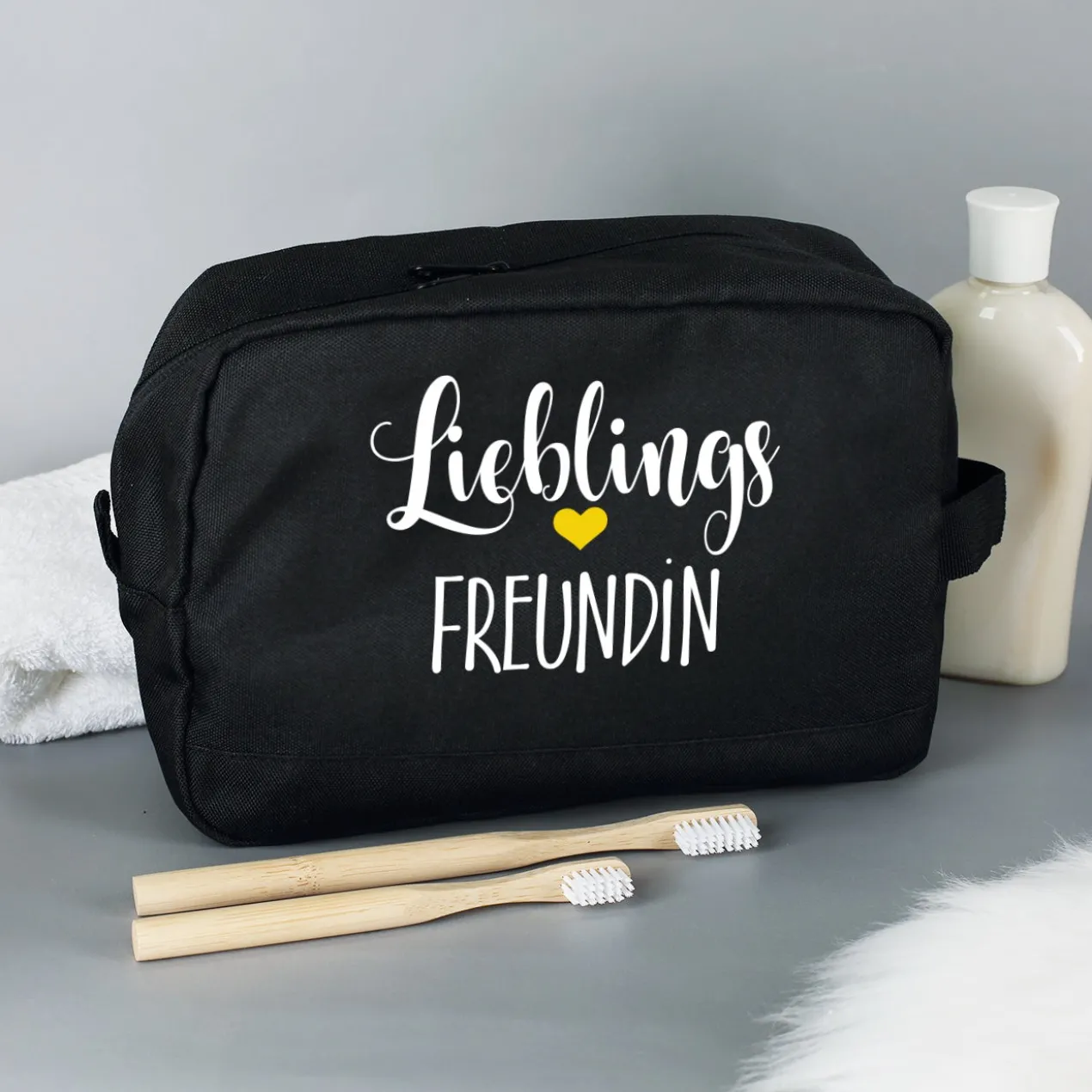 Kulturbeutel 'Lieblings' mit Wunschaufdruck | Personalisierte Waschtasche | 3 Farben