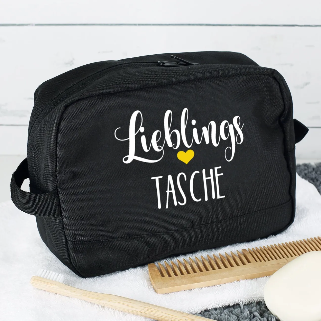 Kulturbeutel 'Lieblings' mit Wunschaufdruck | Personalisierte Waschtasche | 3 Farben