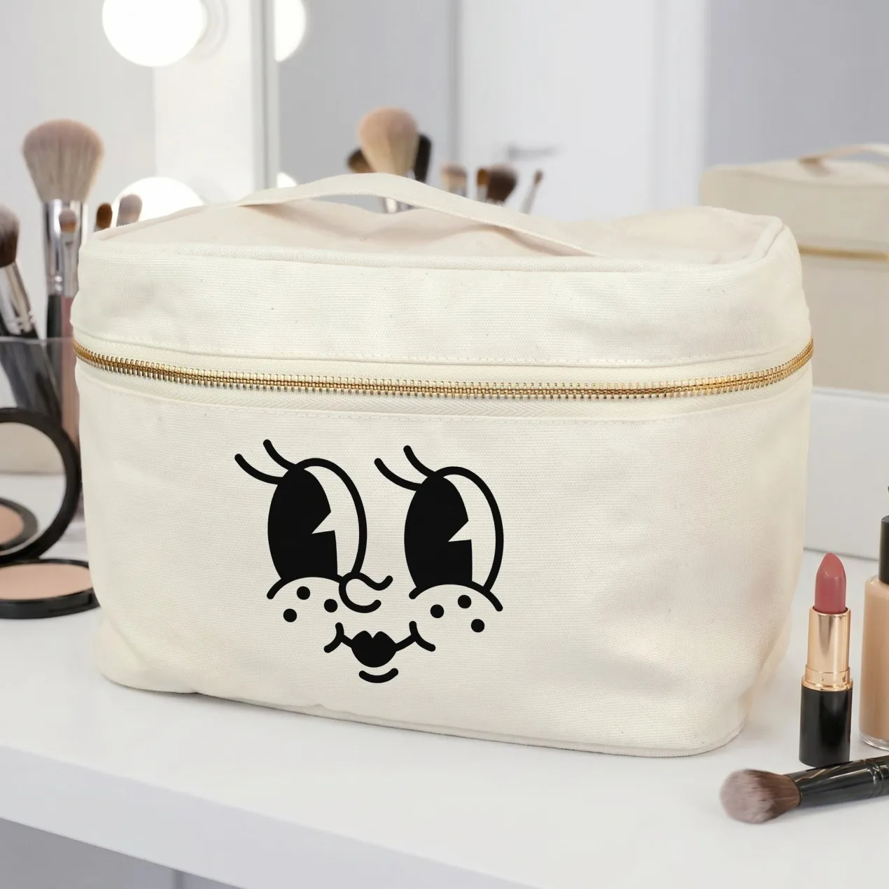 Kulturbeutel mit lustigem Gesicht Aufdruck | Kosmetiktasche aus Baumwolle als Geschenk