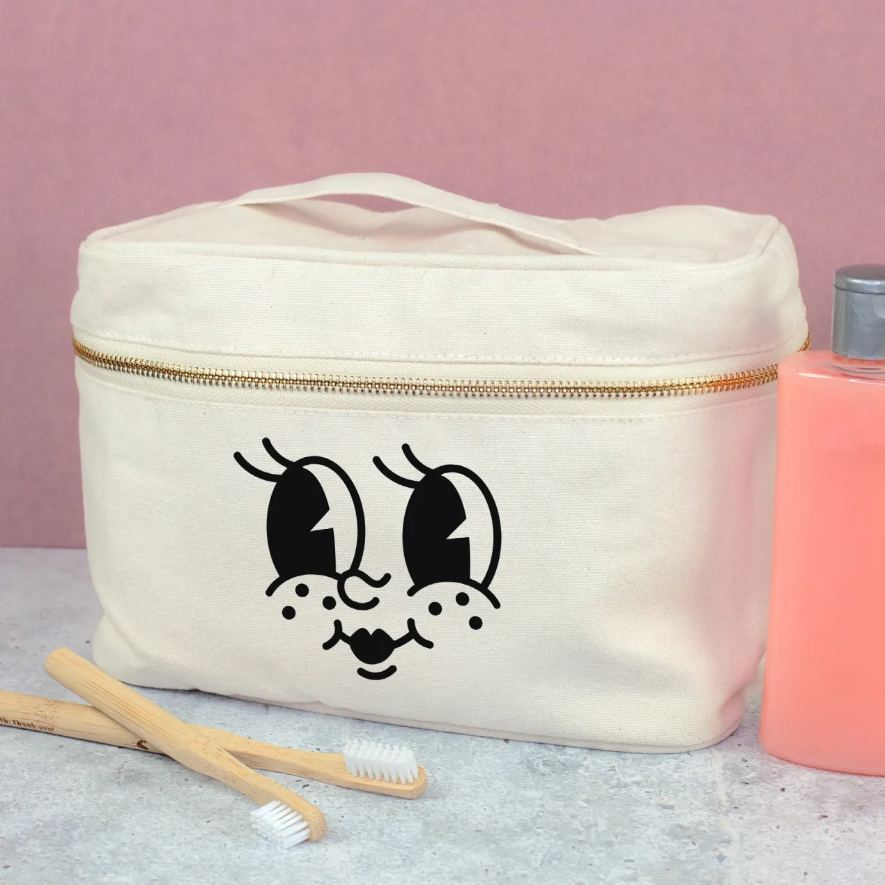 Kulturbeutel mit lustigem Gesicht Aufdruck | Kosmetiktasche aus Baumwolle als Geschenk