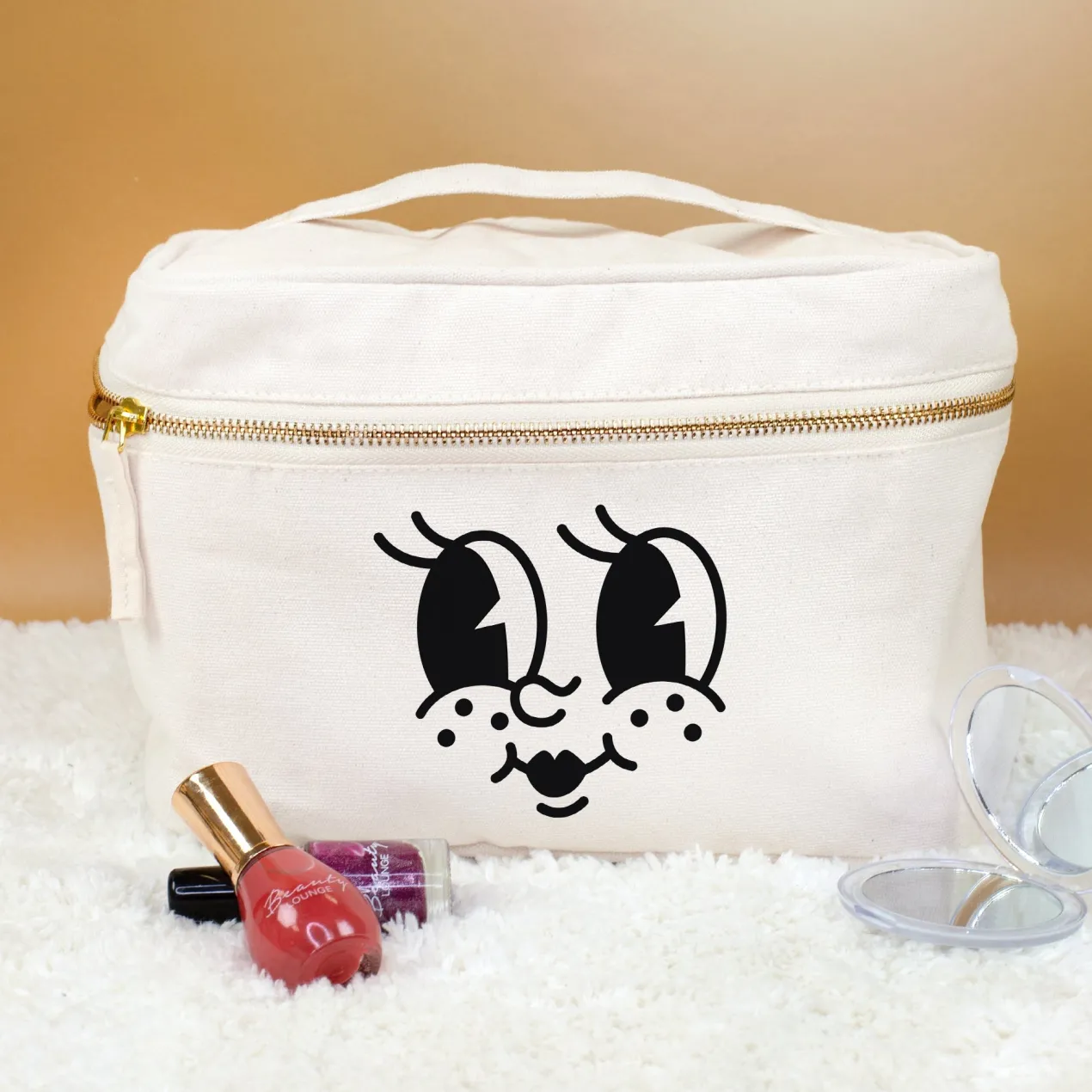 Kulturbeutel mit lustigem Gesicht Aufdruck | Kosmetiktasche aus Baumwolle als Geschenk