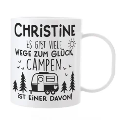 Kunststofftasse für Camper - Es gibt viele Wege zum Glück - mit Namensaufdruck