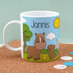Kunststofftasse mit Bauernhoftieren und Ihrem Wunschnamen bedruckt | Tasse als Geschenk für Kinder